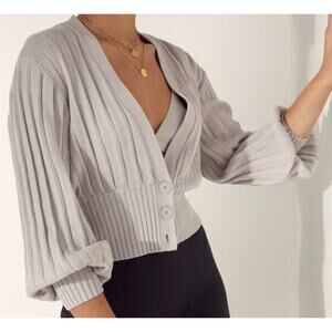 Aritzia Wilfred Plunge Front Cardigan V-Neck Ribbed Merino Wool Cotton Grey XS